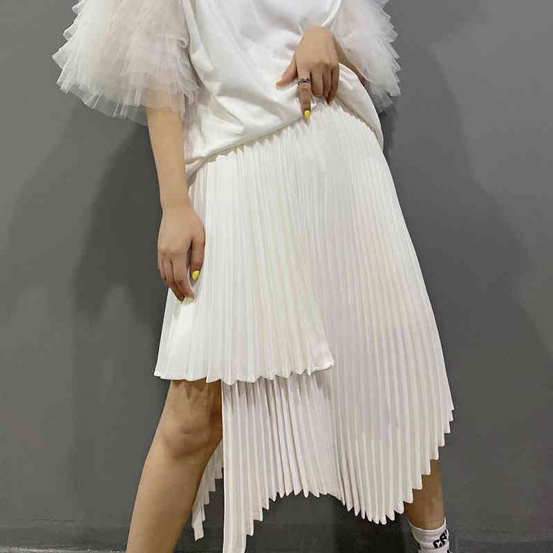 Asymmetrical Pleated Skirt For Women High Waist Irregular Hem Black Skirts Female Fashion Clothing 210521