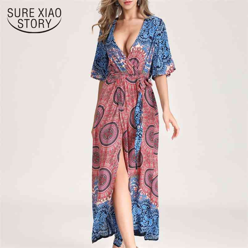 vestidos de verano women Dress sexy summer dress short sleeve V Collar maxi elegnates es 3842 50 210506