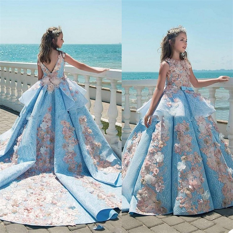 Sky Blue Flower Girl Dress Pageant Wear Jewel Sleeveless 3D Floral Appliqued Lace Ruched Cute Elegant Custom Made Sweep Train Birthday Gowns