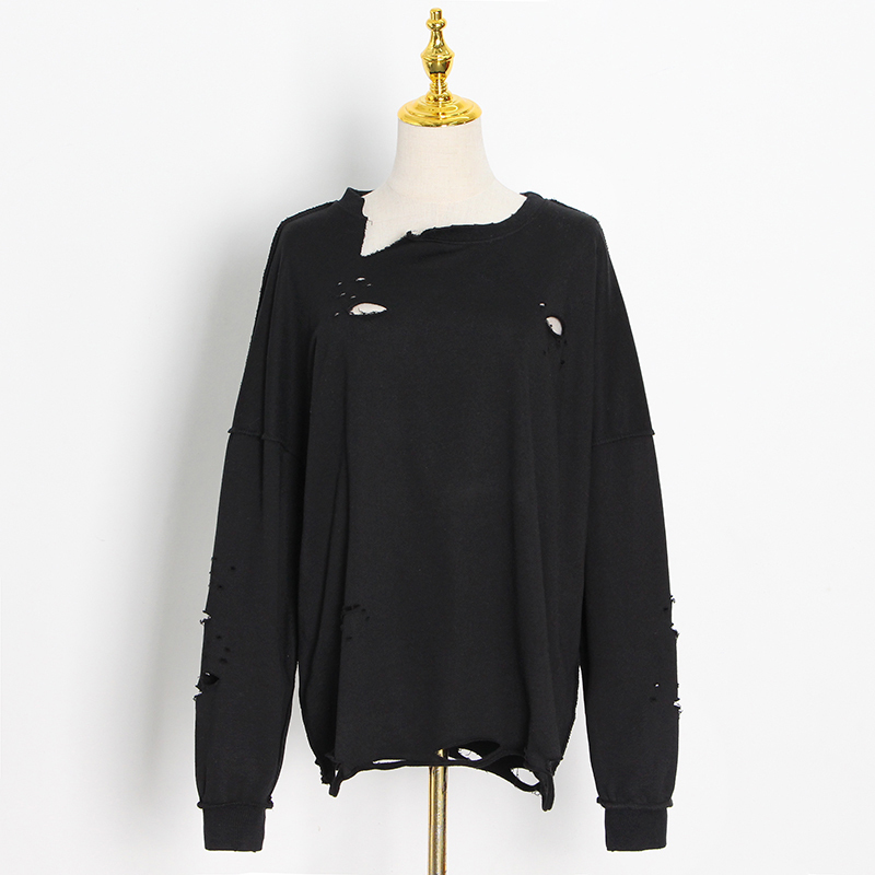 VGH White Streetwear Loose Tops For Women O Neck Long Sleeve Patchwork Hole Hollow Out Casual Sweatshirts Female Fashion New 210421