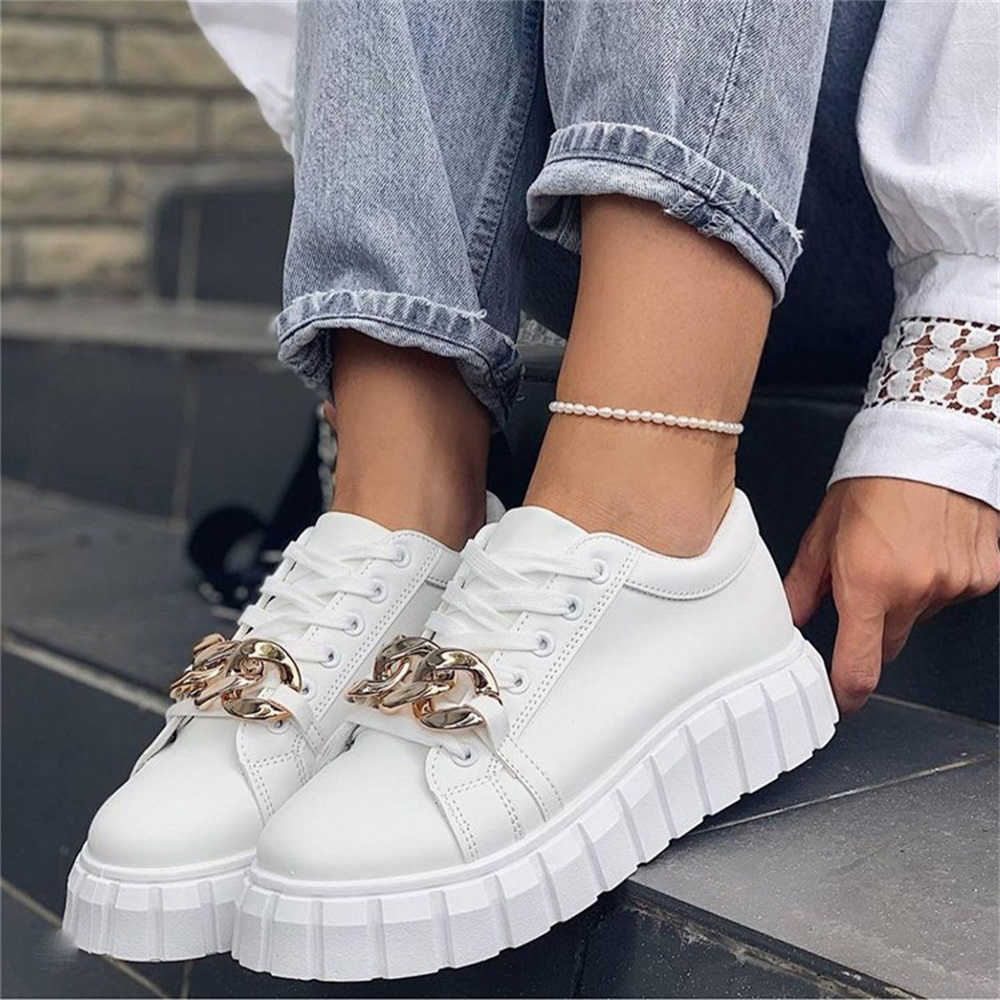 Women's Trendy Sneakers 2021 Autumn New Round Toe Ladies Lace Up Casual Shoes with Chain Female Running Walking Sport Flats Y0907