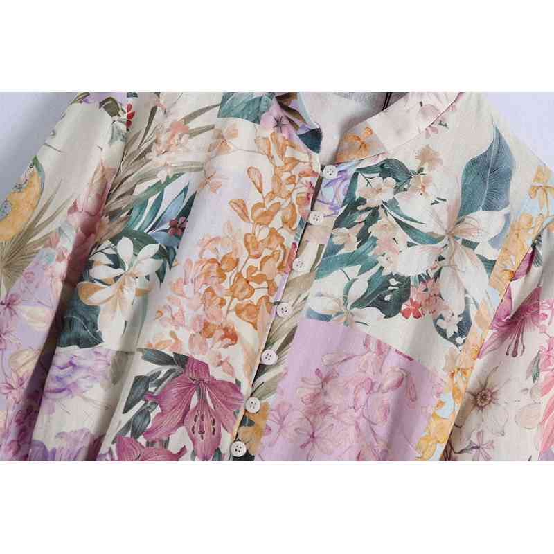 Spring Autumn Single-Breasted Flower Print Lace-Up Dress Female Long-Sleeve Comfortable Shirt Casual 210514