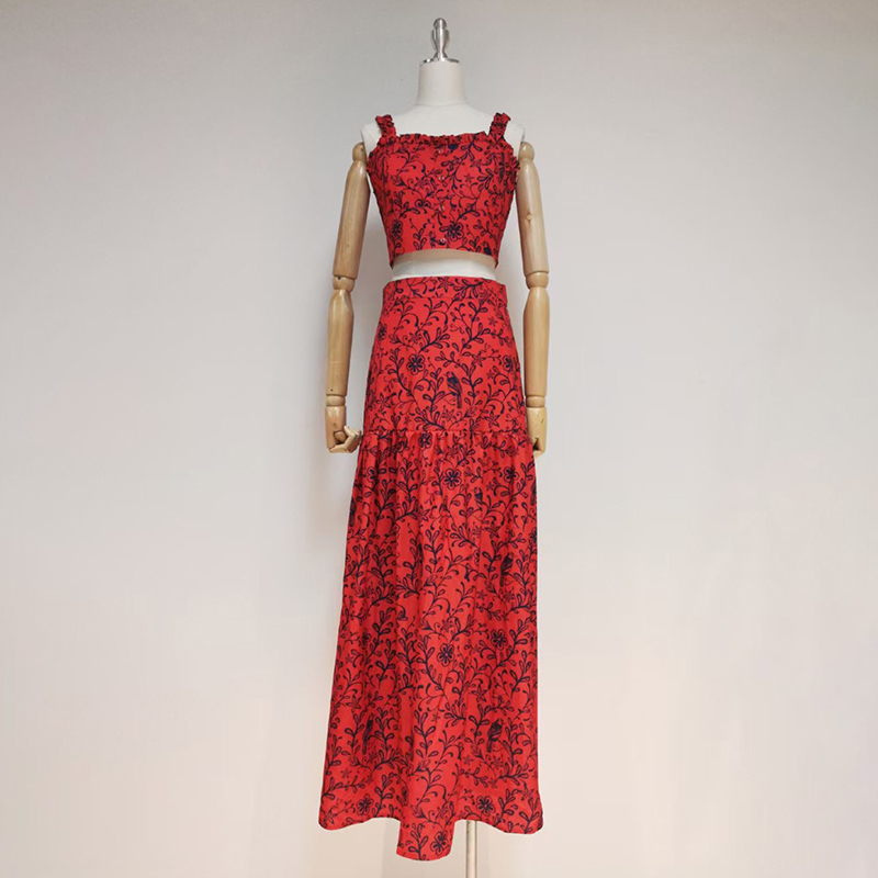 VGH Floral Print Vintage Dress For Women Square Collar Sleeveless Short Tops High Waist Midi Skirts Casual Sets Female Tide 210421