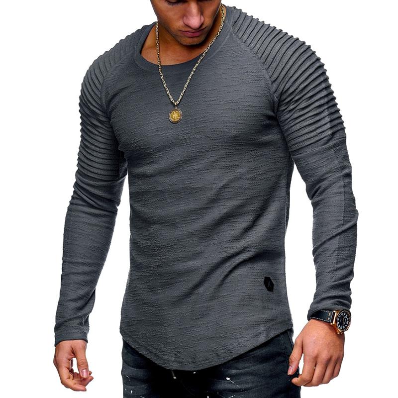 Solid Color Pleated Shirts Patch Long Sleeve Blouse T-Shirt Men Spring Casual Tops Pullovers Fashion Slim Basic Men's T-Shirts