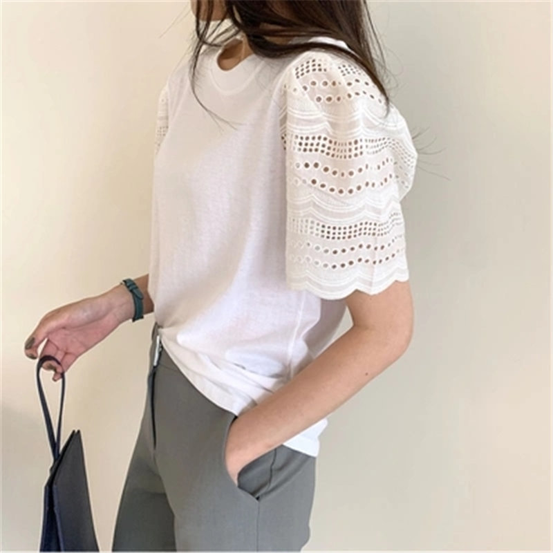 Stylish Loose All Match Patchwork Lace Summer Sweet Chic Gentle Casual Slim Lady OL Short Sleeves T-shirts 210421