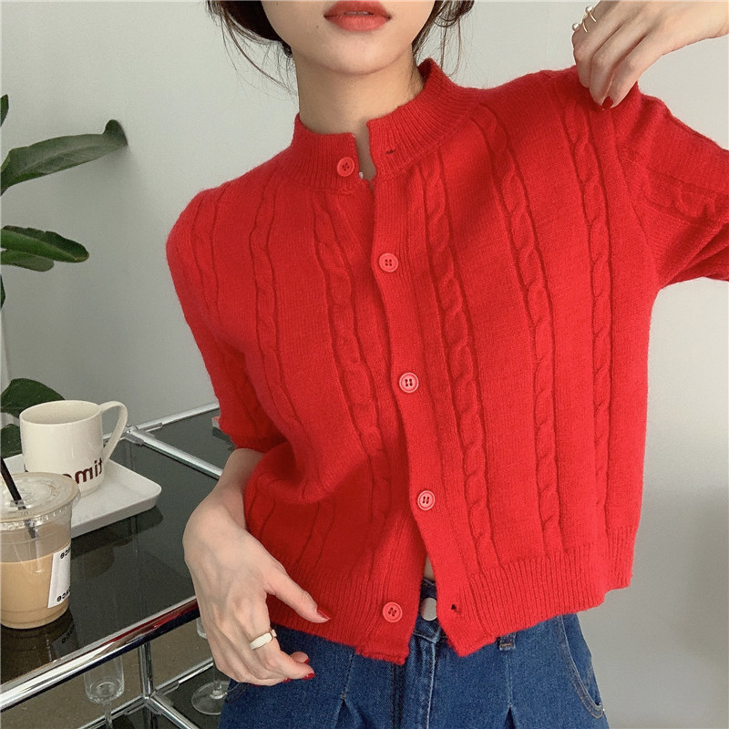 Comelsexy Lady OL Summer Solid All Match Short Sleeves Coats High Waist Knitted Cardigans Thin Women Fashion Sweaters 210515