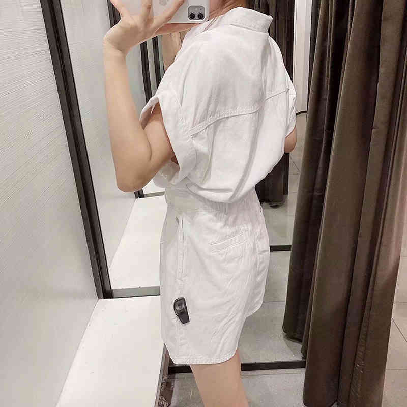 Women Fashion Pocket Button Decoration Handsome Denim Jumpsuit Elastic Waist Summer Shorts With Pockets 210521