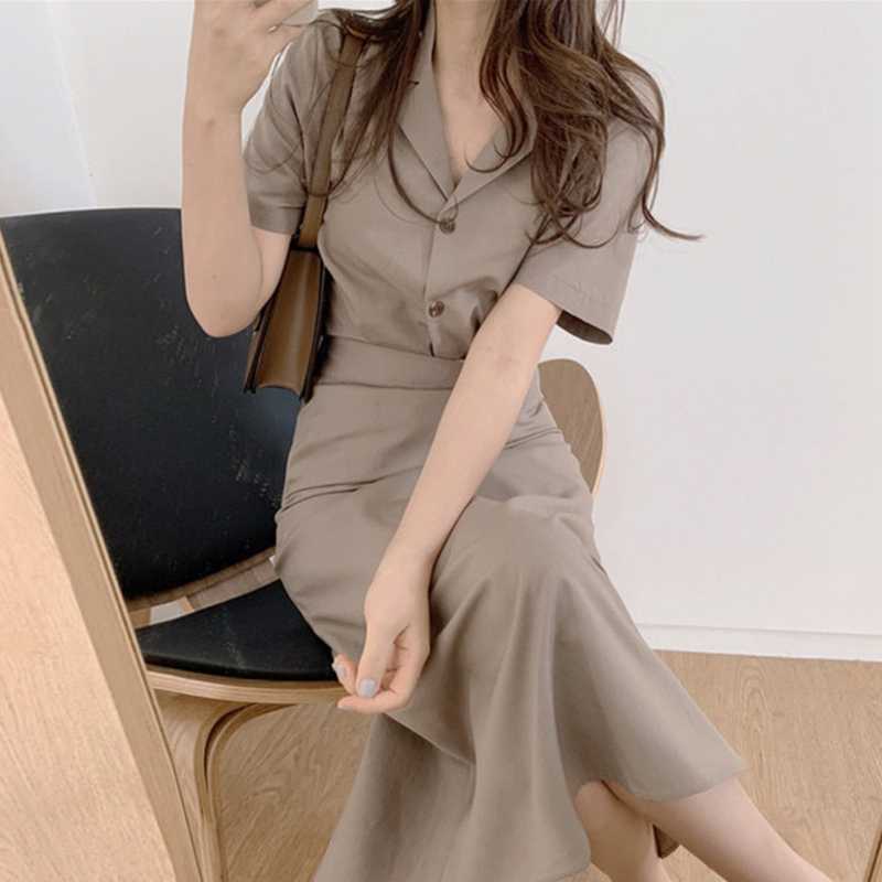 Elegant Temperament Single Breasted Lapel Short Sleeve Blouse Women + Slim High Waist Split Skirt OL Fashion Sets Minimalism 210429