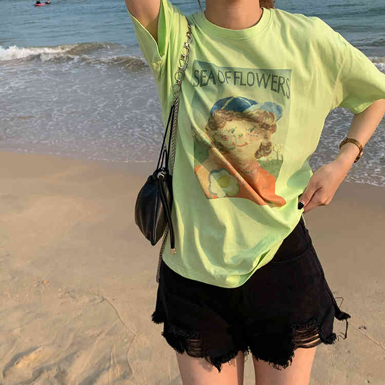 2 Colors Summer korean style Cartoon Little Girl Short Sleeve t-shirt Womens tops Tees shirt femme (F4305) 210423