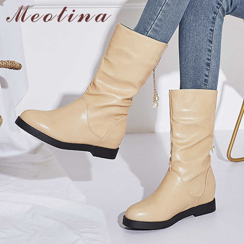 Meotina Winter Mid Calf Boots Women Boots PU Leather Pearl Height Increasing Boots Pleated Round Toe Shoes Lady Fall Size 33-43 210608, Black
Meotina Winter Mid Calf Boots Women Boots PU Leather Pearl Height Increasing Boots Pleated Round Toe Shoes Lady Fall Size 33-43 210608, Black