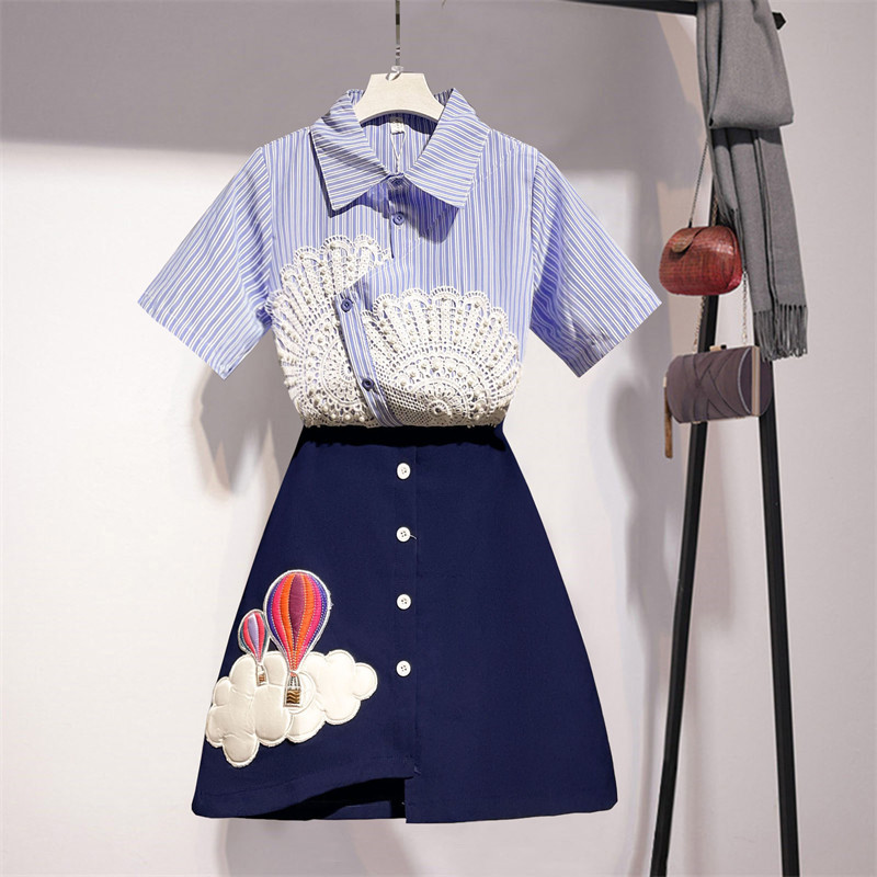 Suit women summer style lace striped shirt irregular high waist half-length skirt fashion two-piece suit 210525, Blue
Suit women summer style lace striped shirt irregular high waist half-length skirt fashion two-piece suit 210525, Blue
