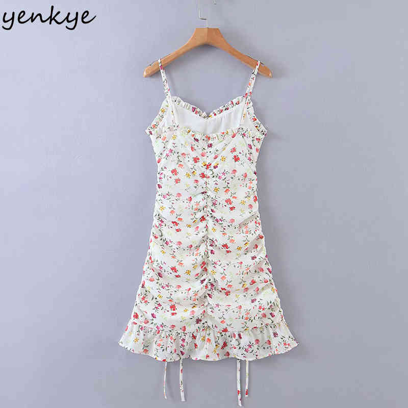 YENKYE Sweet Ruffle Floral Print Dress Women Front Drawstring Draped Bodycon Mini Sexy Dress Holiday Summer Sling Chiffon Robe 210515