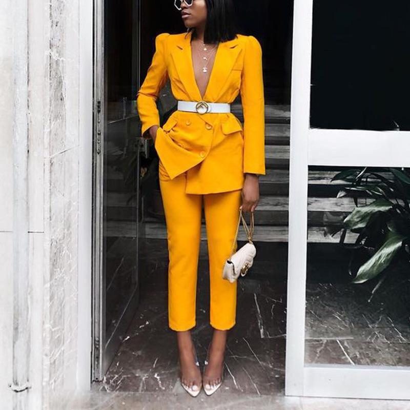 Women Set Notched Double Breasted Blazer Pants Suit s Office s s Pant Autumn Winter 210524