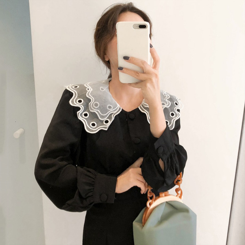 Autumn Korea Style Sailor Collar Full Lantern Sleeve Hollow Out Ankle-length Elastic Dress Women Suit FS363 210427