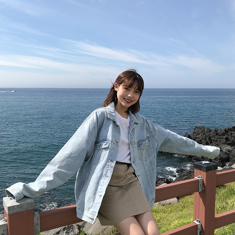 light blue Jeans Jacket Women loose vintage Denim Jacket Femme preppy style Bomber Jacket Basic Coats womens (F6398) 210423