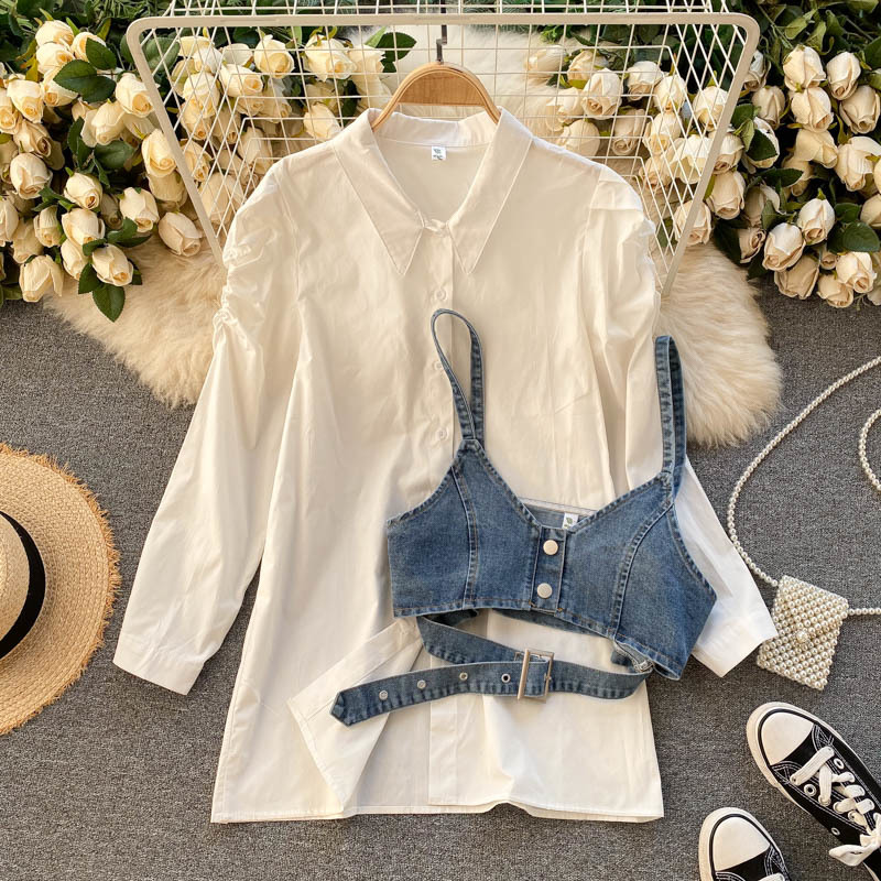 Nomikuma Korean Women 2pieces Sets Puff Sleeve Blouse Shirt + Buttons Belt Slim Waist Short Jeans Vest Spring Tops 6E616 210427