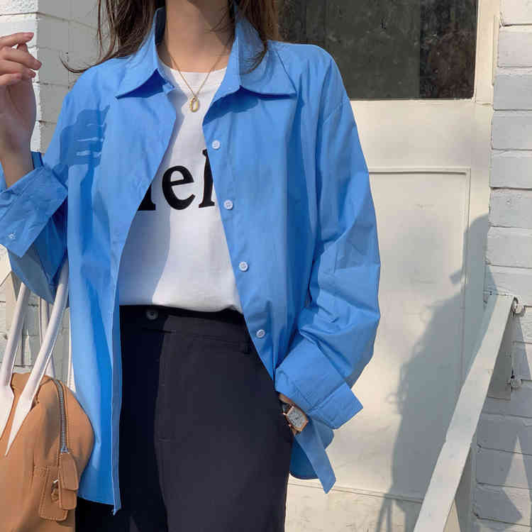Korean Solid Women Shirt Tops Autumn Full Sleeve Single Breasted Blouses Loose Fashion Basic Female Blusas Femme 210514