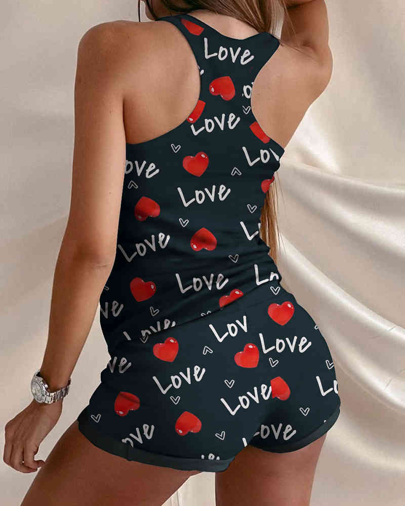 Spring Summer Women's Tank & Shorts Set Valentine's Day New Top & Short Pants Set Femme Heart Print Casual Homewear 210415