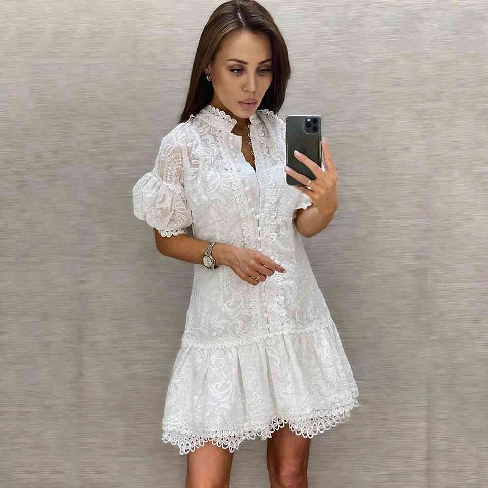 Free Summer White Printed Dress Women's Elegant Lantern Sleeve Single-breasted A-line Club Party Vestido 210524