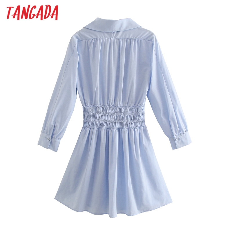Fashion Women Blue Shirt Long Sleeve Strethy Waist Office Ladies Mini Dress JE25 210416