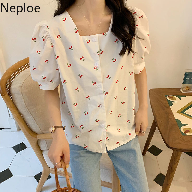 Neploe Vintage Print Cherry Women Blouses Square Collar Sweet Puff Sleeve Shirt Loose All-match Summer White Blouse Tops Female 210422