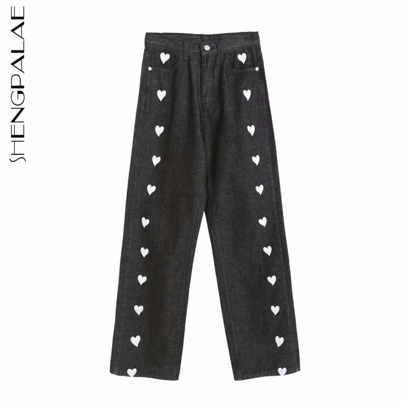 Personality Love Pattern Printed Jeans Women's Spring High Waist Sweet Straight Denim Pants Female 5B592 210427