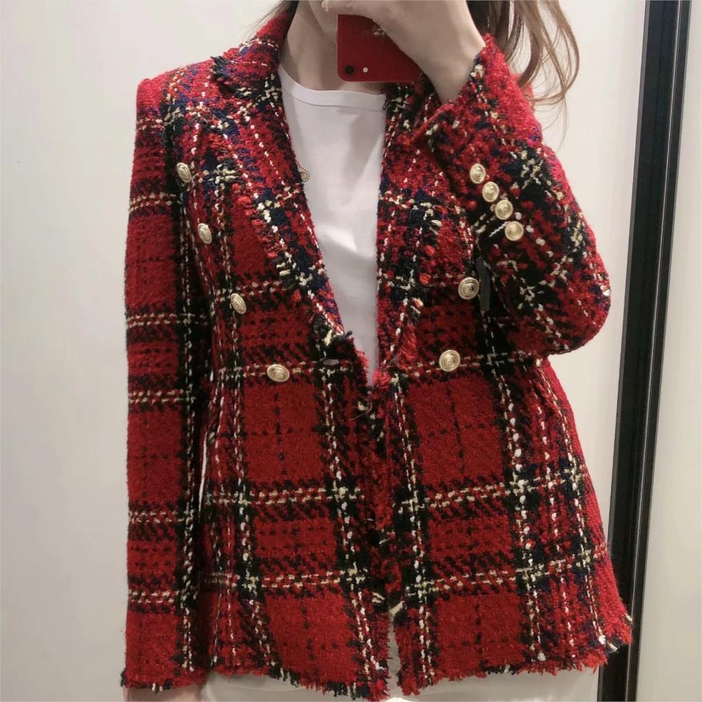 Winter vintage red tweed blazer women plaid coat Vintage thick office suit jacket sprint women blazers and jackets 210330