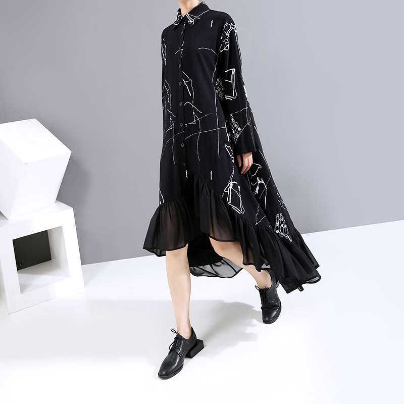 New Woman Plus Size Autumn Long Sleeve Black Vintage Shirt Dress Printed Chiffon Ruffles Lady Casual Dress Robe Loose Style 6505 210409
