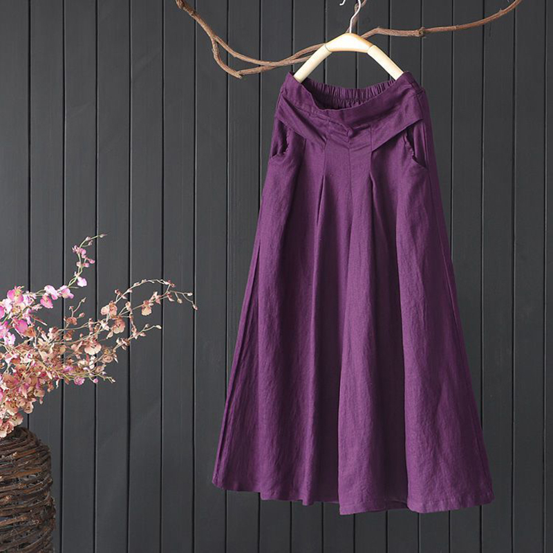 Summer Arts Style Women Elastic Waist Solid Wide Leg Pants All-matched Casual Cotton Linen Loose Plus Size S980 210512