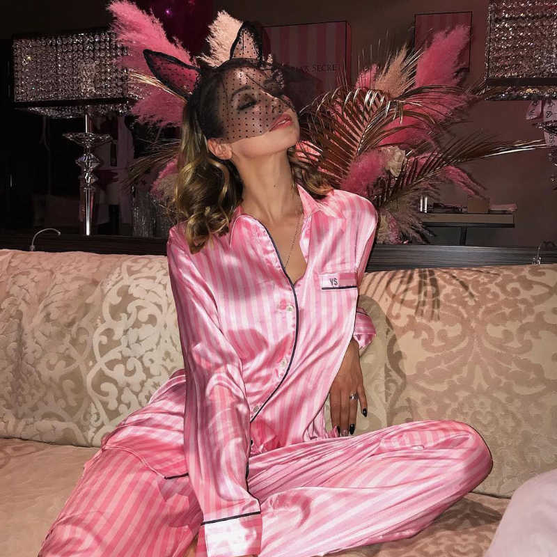 Pink 2 Pieces Pajamas Sets Faux Silk Striped Pyjama Sleepwear Spring Summer Homewear 210809