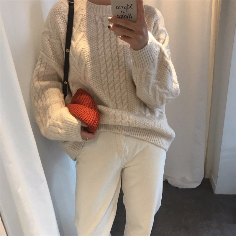 Sweet Beige Women Thicken Lazy Style Warm Large Size Fresh Casual All-Match Loose Basic Pullovers Knitted Sweaters 210421