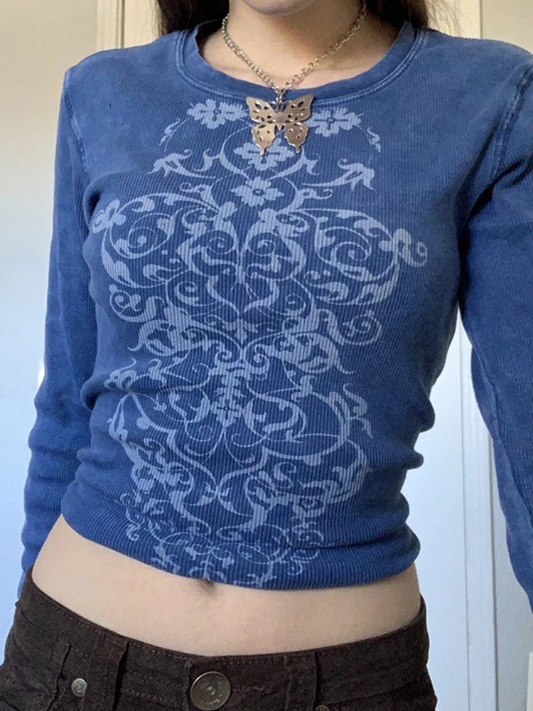 Grunge Fairycore Crop Tshirts Graphic Print Long Sleeves Slim Tops Tee Casual Crewneck Autumn Winter Fashion Harajuku Cloth 220315