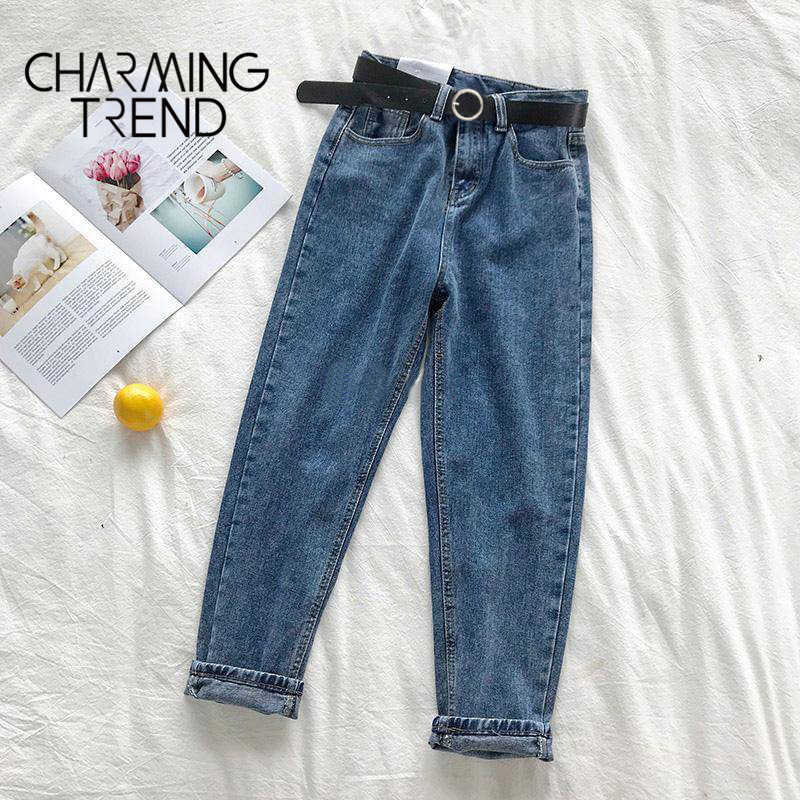 Womens Jeans Pant Black Korean Crop Girls Students Vintage Solid Long Pants Fit Female High Waist Denim Women 210922