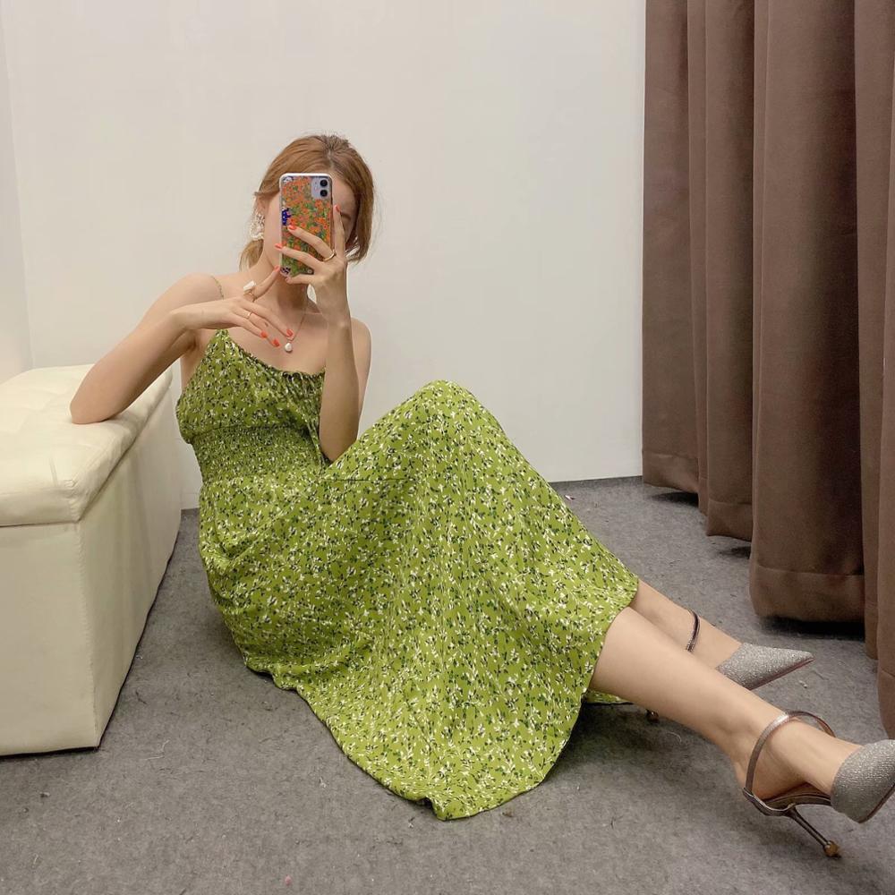 Women Floral Print Summer Dress Chiffon Fashion Elastic Bust Lining Inside Spaghetti Strap Mid Long Dresses 210429