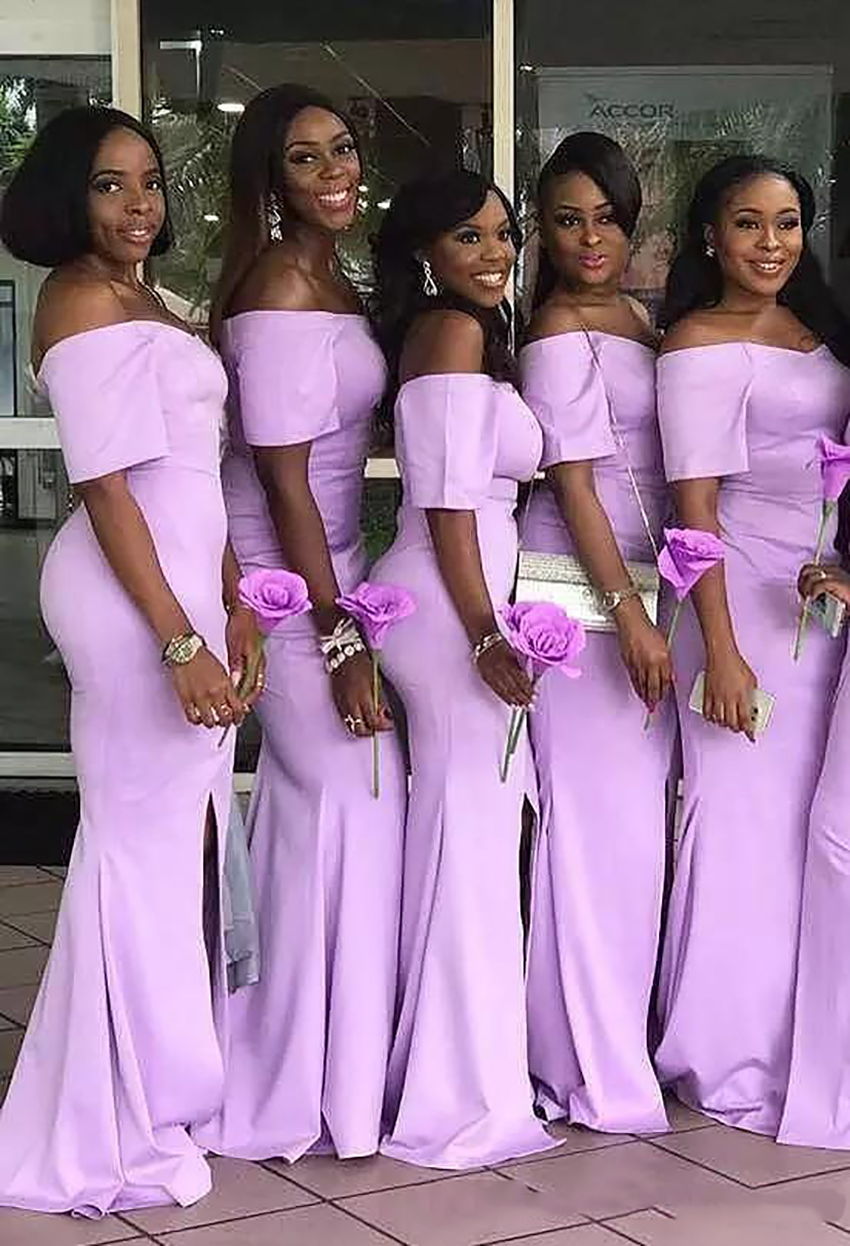 2021 Lavender Off Shoulder Mermaid Short Sleeves Middle East Long Bridesmaid Dresses With Slit Side Junior Adults Bridesmaids Gowns
