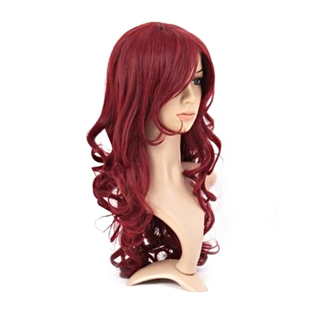 WoodFestival ladies long wavy wig burgundy synthetic hair wigs women heat resistant fiber wigs cosplay lolita oblique bangs