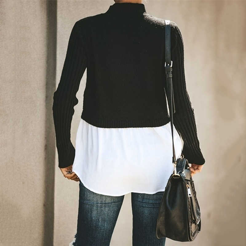 GAOKE Autumn Winter Black Knit Sweater Women Patchwork Long Sleeve Button Pullover Jumper 210914