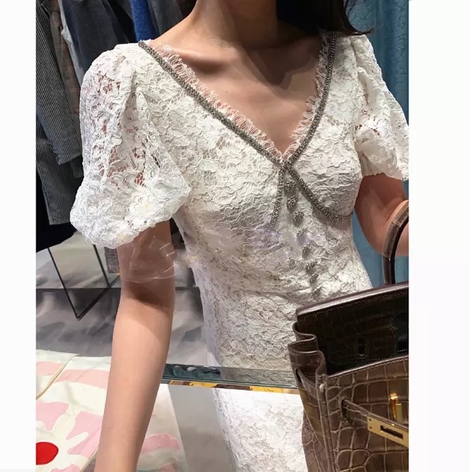 Vintage Cream White Lace V-neck Puff Sleeve Midi Dress Crysral HIgh Quality Part Dinner Boho Dresses Summer ropa mujer 210421