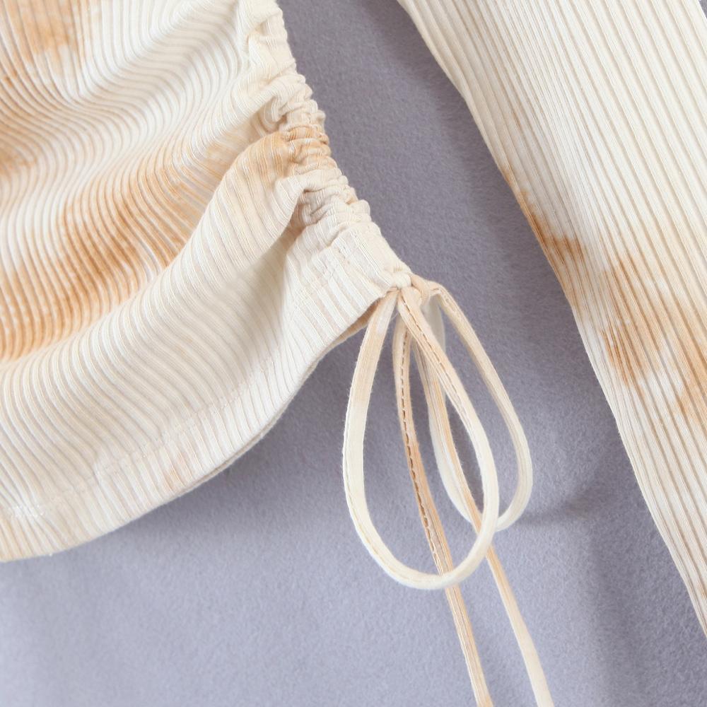 Sexy Tie Dye Cropped Long Sleeve T-shirt Crop Top Tie-die Woman Side Lacing up Waist Bandage Pullover Tee Streetwear 210429