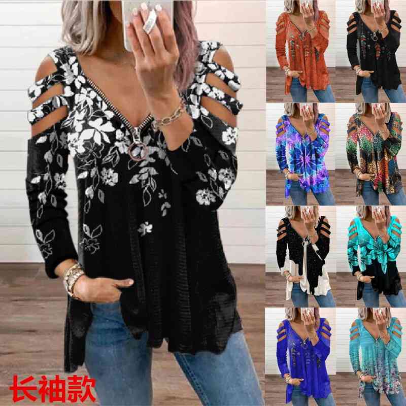 Autumn and winter 2021 zipper Pullover printed long sleeve loose T-shirt women's top, Black
Autumn and winter 2021 zipper Pullover printed long sleeve loose T-shirt women's top, Black