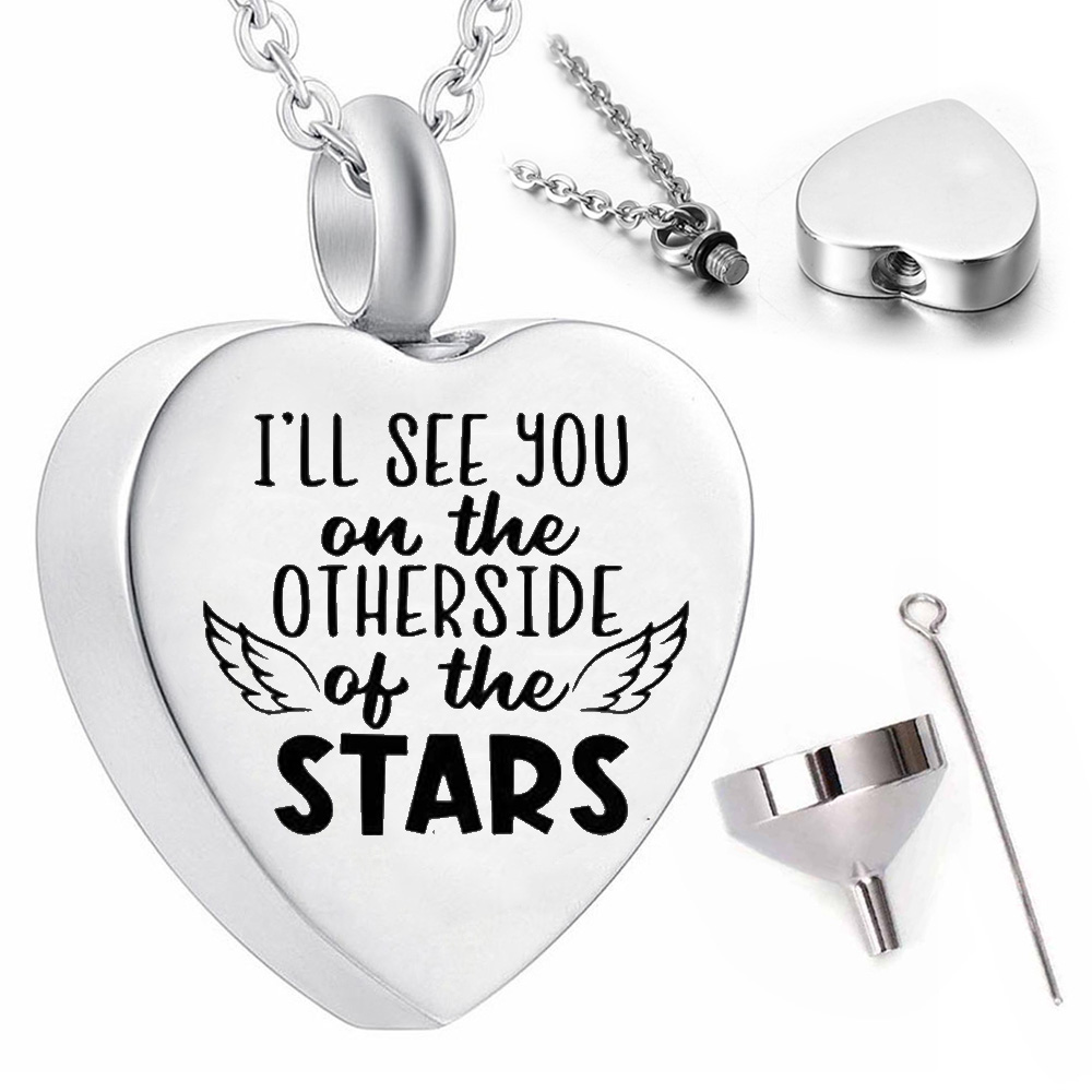 Wholesale stainless steel heart-shaped pendant necklace keepsake ashes urn-I'll see you on the other side of the stars
Wholesale stainless steel heart-shaped pendant necklace keepsake ashes urn-I'll see you on the other side of the stars
