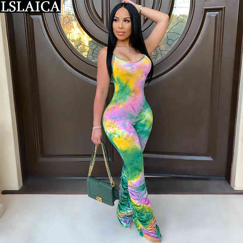 Jumpsuit Spaghetti Strap Tie Dye Slim Casual Bodysuit Streetwear 2XL Party Plus Size Women Summer Fashion Rompers 210520