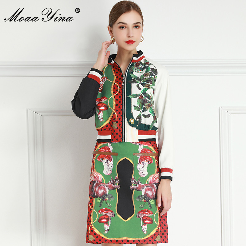 Fashion Set Spring Women's Long sleeve jacket Tops+Mushroom Chestnut Squirrel Print Skirt Two-piece set 210524