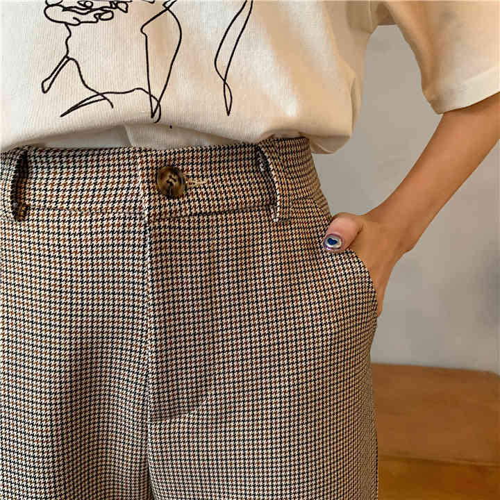 Plaid Women Harem Autumn High Waist Pockets Button Fly Fashion Ladies Ankle-Length Pants Casual Bottoms B06804K 210416