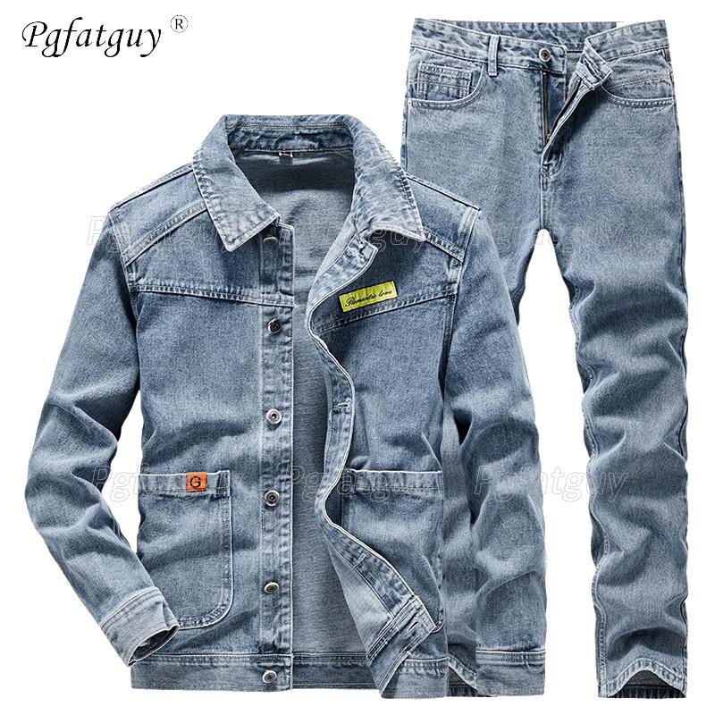 Men's Tracksuits Simple Sets Spring Autumn Solid Color Long Sleeve Denim Jacket And Pants Fashion Slim Male Jeans Size M-4XL