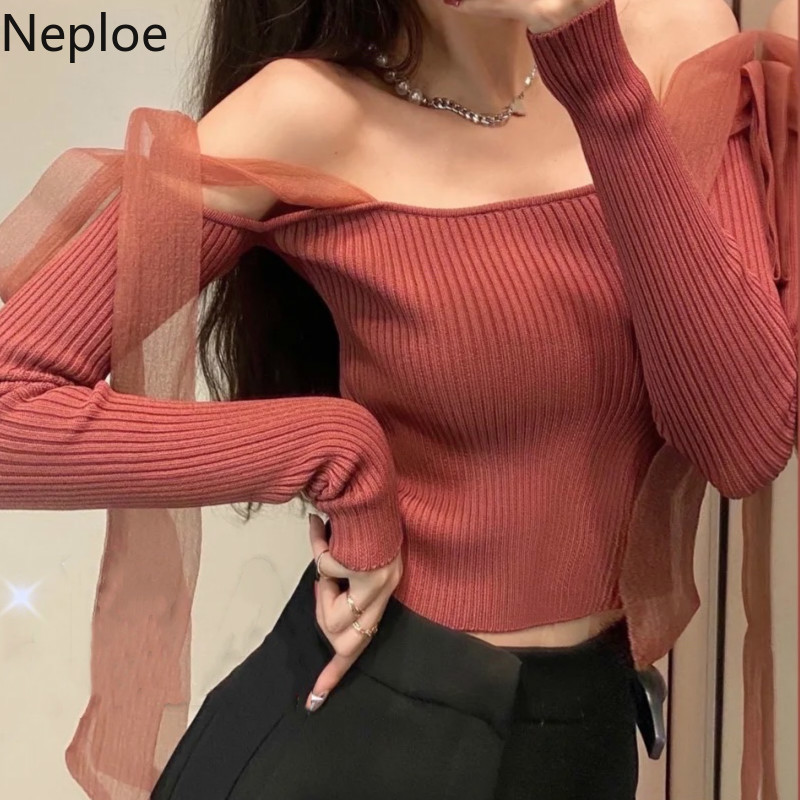 Neploe Sexy Slash Neck Pullovers Tops Gauze Bow Off Shoulder Knitted Cropped Sweaters Women Sweet Jumper Sueter Mujer 4G931 210422