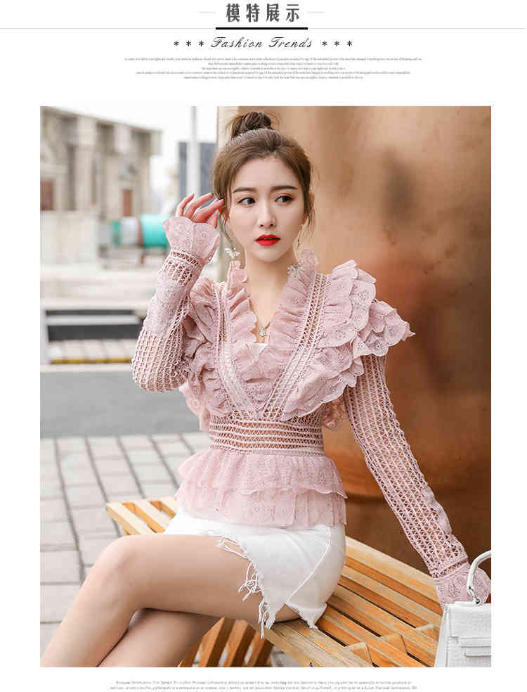 Comelsexy Runway Deep V Neck Long Sleeve Ruffles Trimmings Cropped Lace Tops Shirt Women Blouses Korean Fashion Clothing 210515