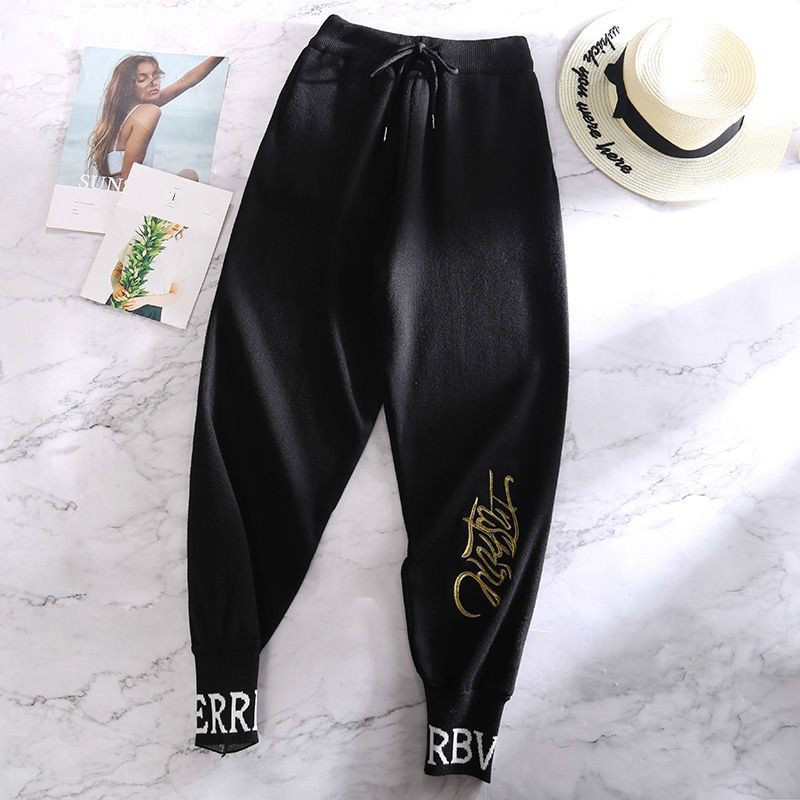 Nomikuma Autumn Winter Sweater Pants Lace Up Stretch Waist Ankle Trousers Korean Embroidery Letters Knitted Harem Pants 6C866 210427