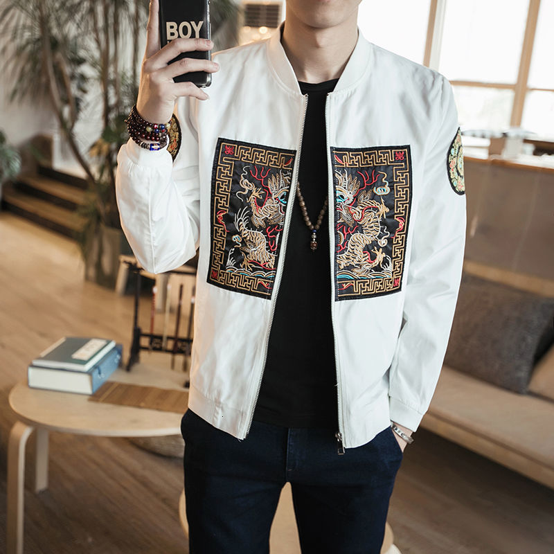 IEFB spring Loose Casual Bomber Jackets Men's Chinese Fashion Ragon Robe Embroidery Coats Zipper Black White Cloth 5XL 210524