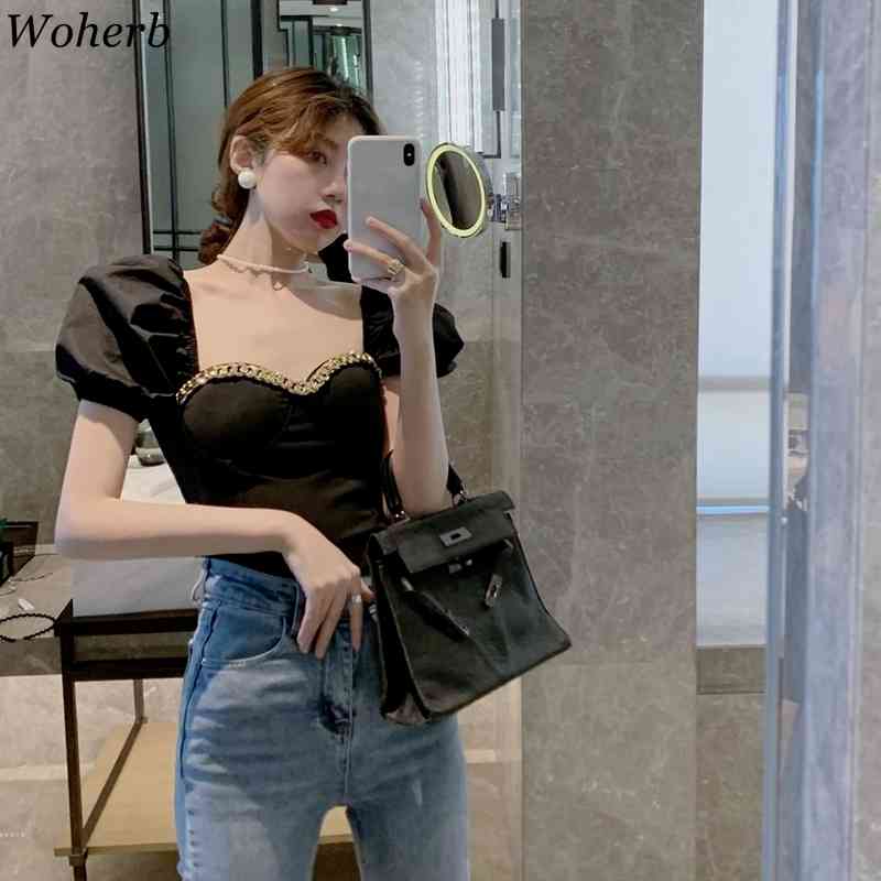 Fashion Chain Patch Square Collar Blouse Women Summer Vintage Puff Sleeve Crop Tops Korean Slim Waist Elegant Blusas 210519
